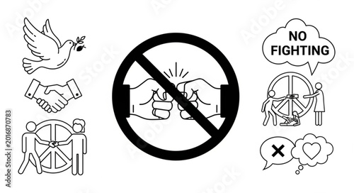 Bild auf Leinwand Peace symbols and anti-fighting icons representing harmony and conflict resolution