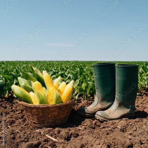 Farmers Harvest Corn in Field With Basket and Rubber Boots on Sunny Day