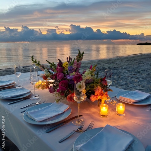 Romantic Dinner Setup on the Beach at Sunset With Candles and Flowers