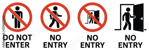 Schilderij op canvas Do Not Enter and No Entry Sign Set Featuring Human Pictogram Icons for Restricte
