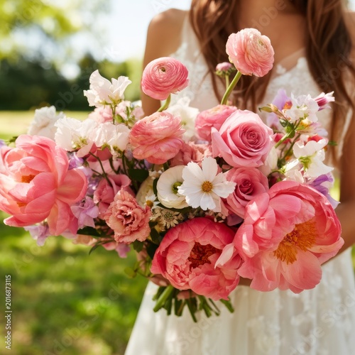 Holding a Bouquet of Pink Flowers in a Sunny Outdoor Setting During a Spring Day