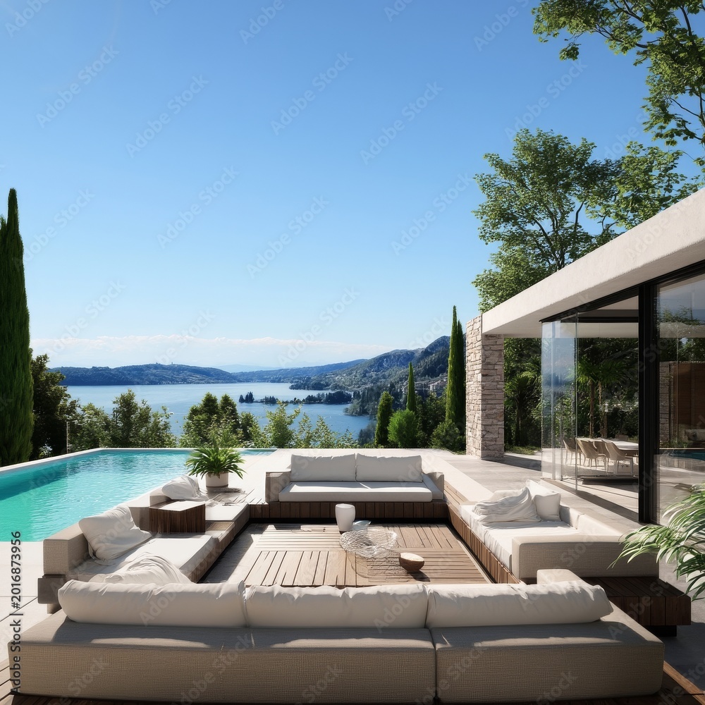 Fototapeta premium Modern House Overlooking Lake With Outdoor Seating and Trees Nearby