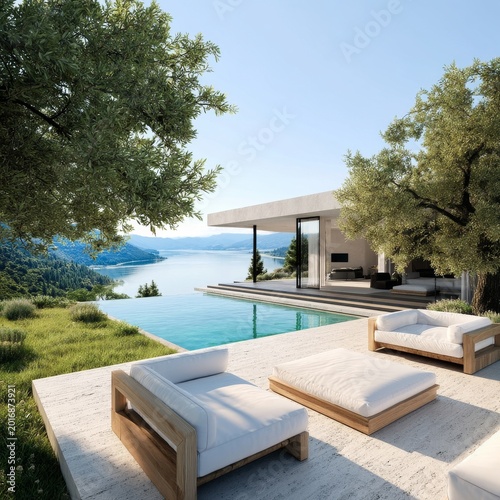 Modern House Overlooking Lake With Outdoor Seating and Trees Nearby