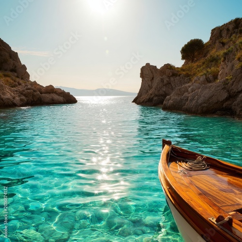 Boat Floats in Clear Water by Rocky Shore Under Bright Sun in Summer Afternoon