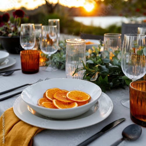 Beautiful Table Setting With Oranges at Sunset Near Water in Outdoor Space