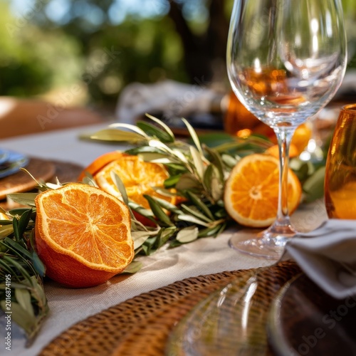 Beautiful Table Setting With Oranges at Sunset Near Water in Outdoor Space