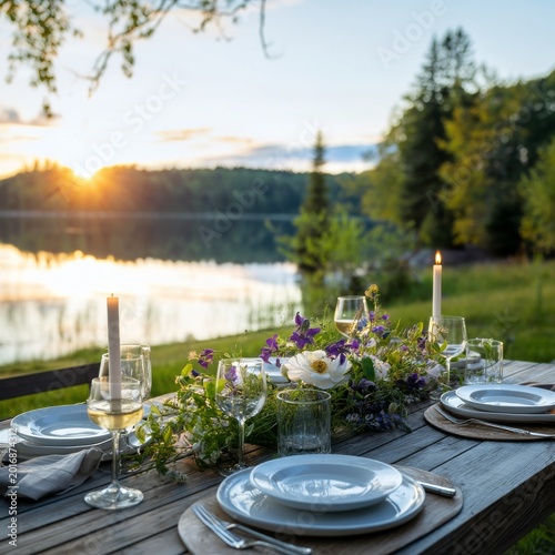 Elegant Dinner Setup by the Lake During Sunset With Flowers and Candles