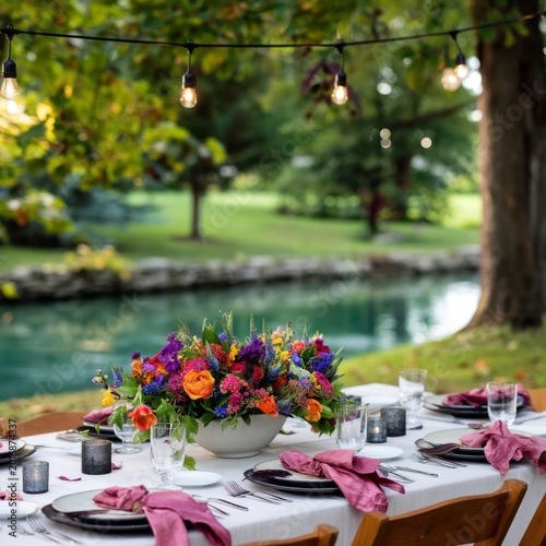 Garden Table With Flowers and Lights Near a Calm Body of Water in the Evening