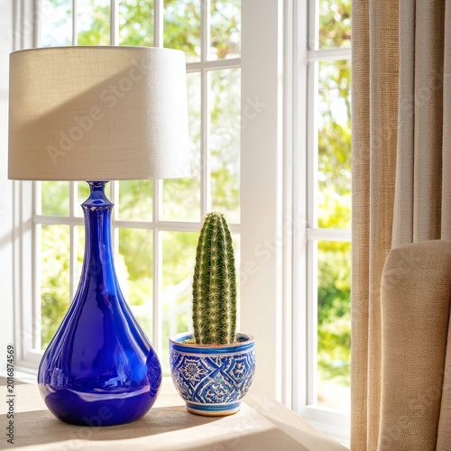Decorative Blue Lamp and Cactus on Wooden Table in Bright Living Room During Day