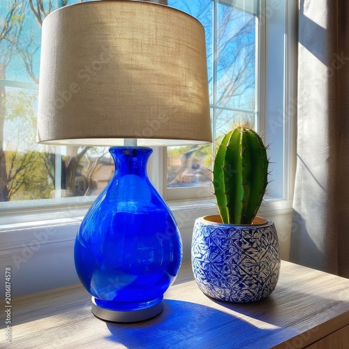 Bright Blue Lamp and Cactus by Window in Sunny Room During Afternoon