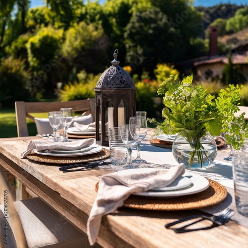 Outdoor Dining Setup With Lantern and Greenery for a Gathering on a Sunny Day