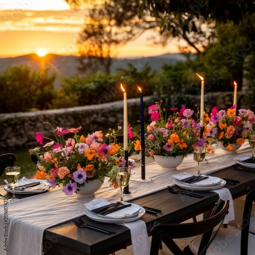 Sunset Dinner Setting With Flowers and Candles on a Table Outdoors