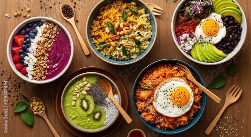 Variety of Healthy Buddha Bowls with Fresh Ingredients and Fried Eggs