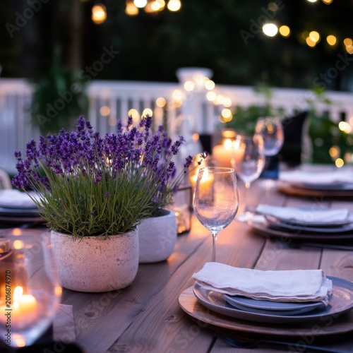Gathering at a Dinner Table With Candles and Lavender Plants in the Evening