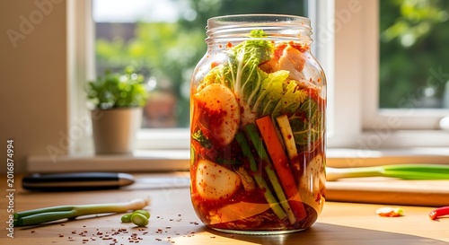 Homemade Kimchi in Glass Jar on Kitchen Counter