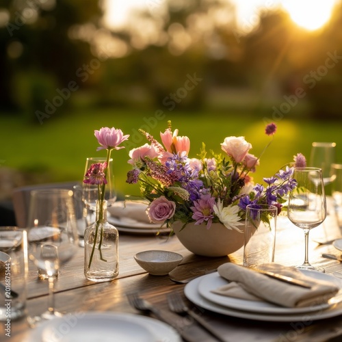 Beautiful Outdoor Dining Setup With Flowers at Sunset in a Garden