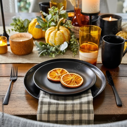 Fall Gathering With Black Plates and Orange Slices on a Wooden Table