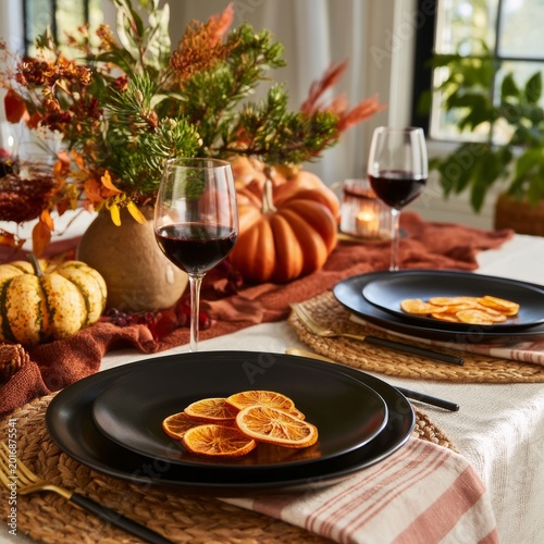 Gathering at a Table With Wine and Dried Oranges During a Fall Celebration