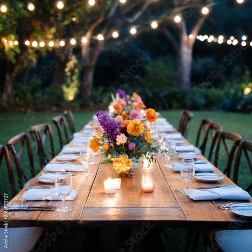 Table Set for Dinner With Flowers and Lights at Night in a Garden