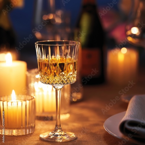 Elegant Glass of Drink on Table Surrounded by Candles at Evening Gathering