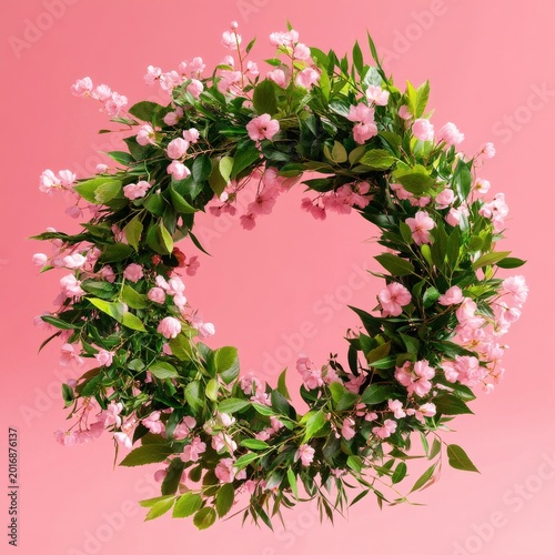 Floral Wreath With Pink Flowers and Green Leaves on a Solid Pink Background