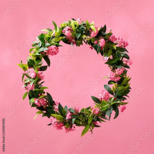 Circular Floral Wreath With Pink Flowers and Green Leaves Against a Pink Back...
