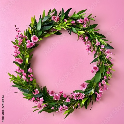 Circular Floral Wreath With Pink Flowers and Green Leaves Against a Pink Back...