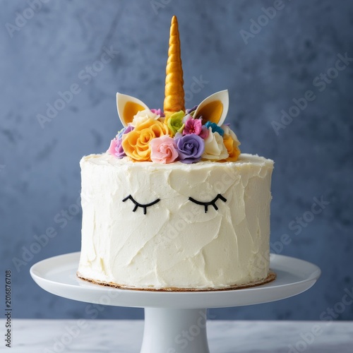 Unicorn Cake on a White Stand With Colorful Decorations in a Kitchen Setting ...