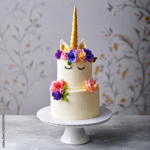 Unicorn Cake on a White Stand With Colorful Decorations in a Kitchen Setting ...