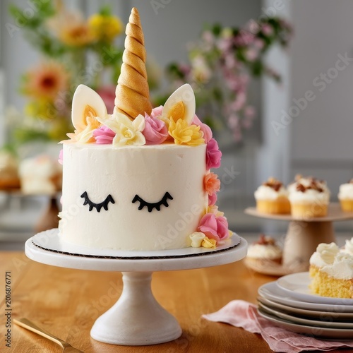 Unicorn Cake With Colorful Decorations on a Wooden Table in a Kitchen Setting...