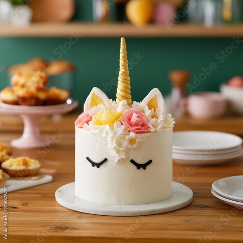 Unicorn Cake With Colorful Decorations on a Wooden Table in a Kitchen Setting...