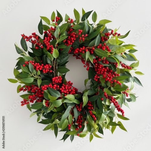 Holiday Wreath With Red Berries and Green Leaves Displayed on a Wall Indoors
