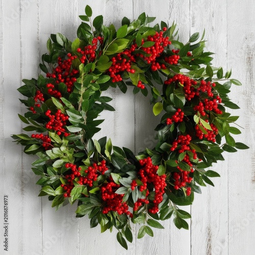 Holiday Wreath With Red Berries and Green Leaves Displayed on a Wall Indoors