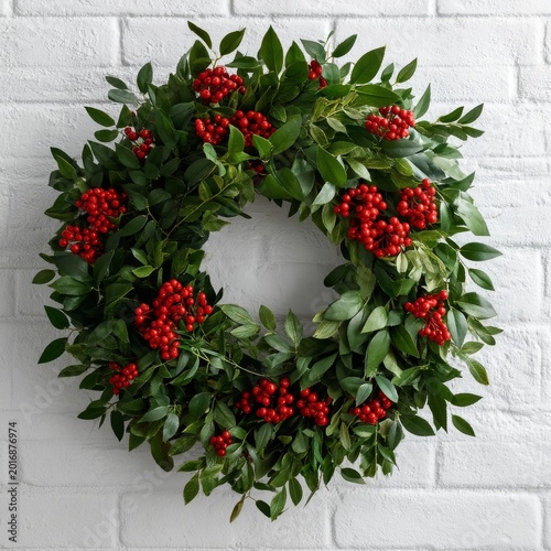 Wreath Made of Green Leaves and Red Berries Hanging on a White Brick Wall