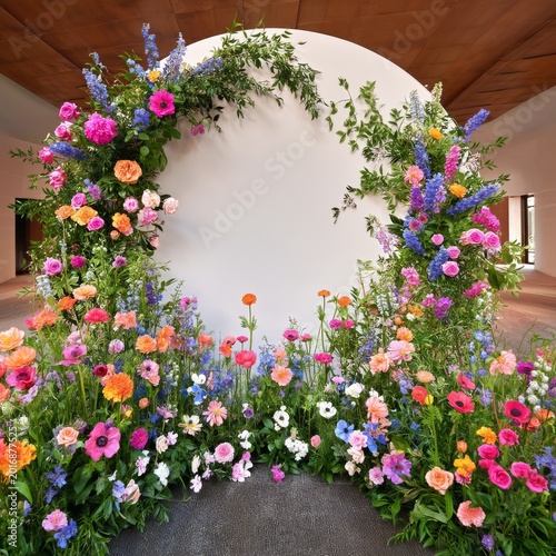 Colorful Flower Arrangement in a Circular Frame Displayed in a Minimalist Set...