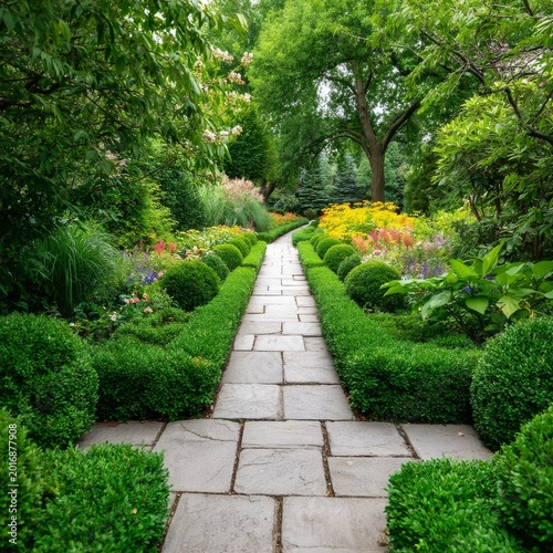 Colorful Garden With Stone Pathway and Round Green Shrubs in the Afternoon Sun
