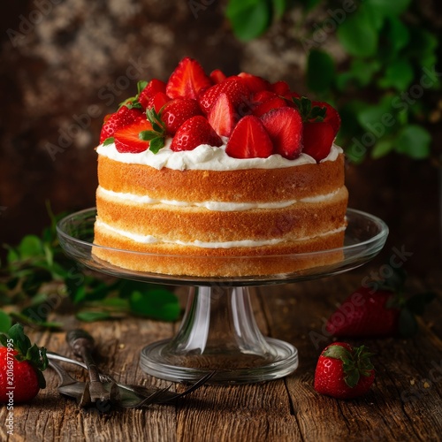 Delicious Cake With Strawberries on Top Displayed on a Wooden Table in a Cozy...