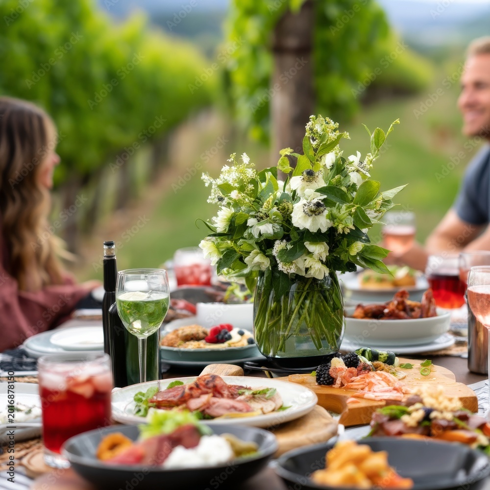 Obraz premium People Enjoy Food and Drinks at a Vineyard Gathering During a Sunny Day