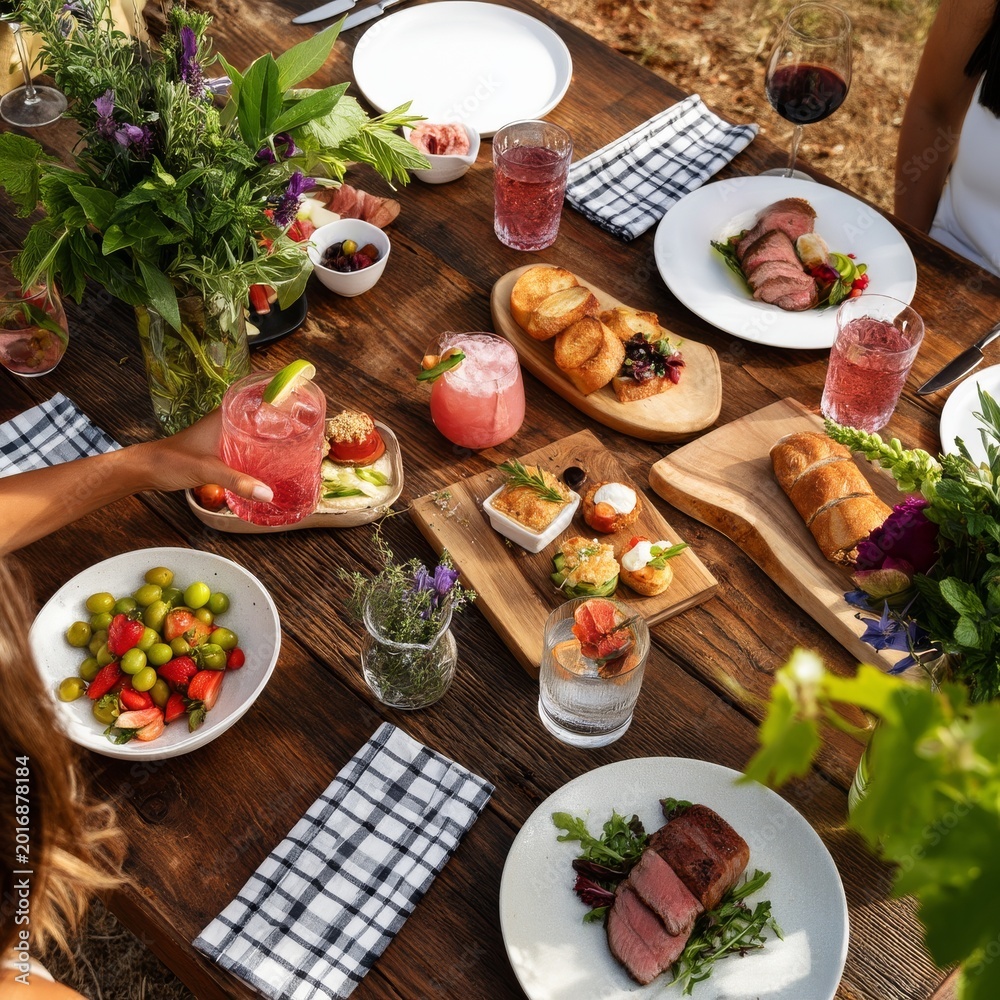 Obraz premium People Enjoy Food and Drinks at a Vineyard Gathering During a Sunny Day