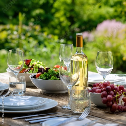 Dining Setup in a Garden With Fresh Food and Drinks on a Sunny Day