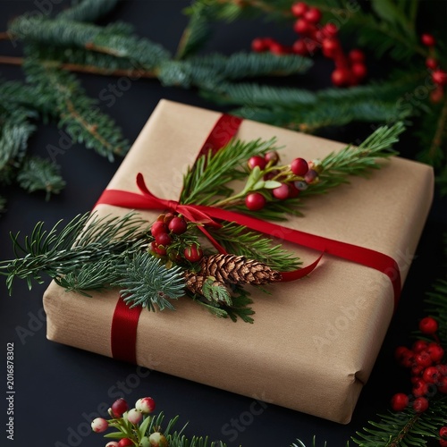 Wrapping Gift With Natural Decorations and Red Ribbon on Dark Background