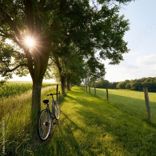 Bicycle Parked by a Dirt Path Under Trees in a Grassy Field During the Afternoon
