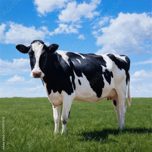Black and White Cow Standing in Green Field Under Blue Sky With Clouds
