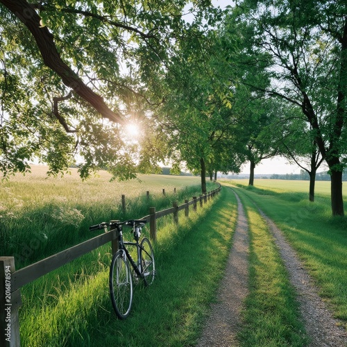 Bicycle Parked by a Dirt Path Under Trees in a Grassy Field During the Afternoon