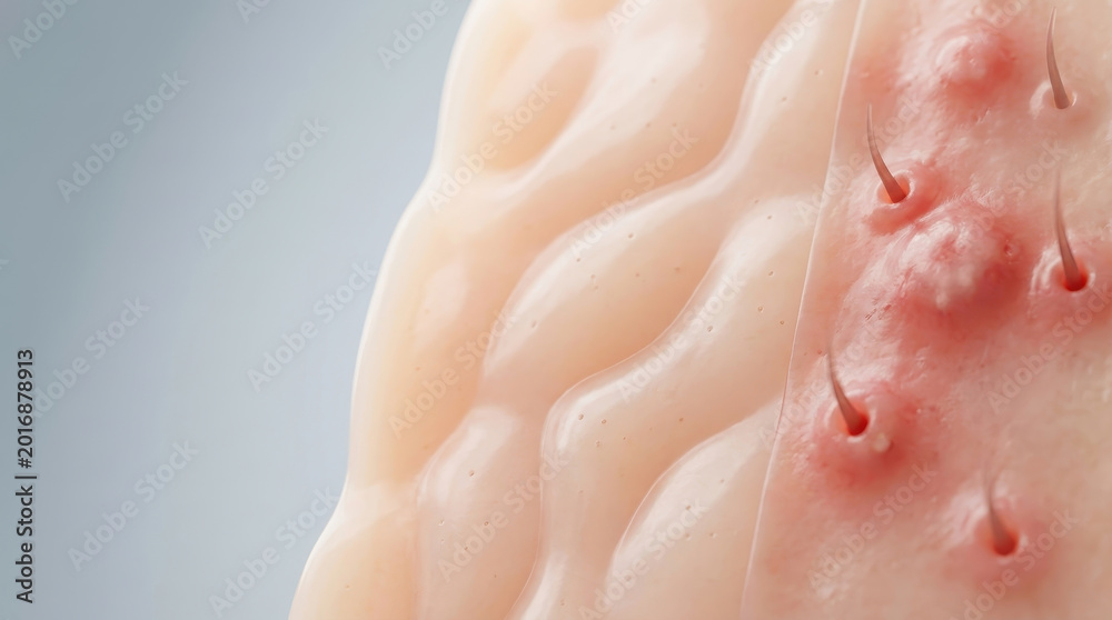 Fototapeta premium Healthy skin barrier vs acne inflammation concept showing close up of skin with red inflamed acne and smooth healthy skin side by side in detailed macro view