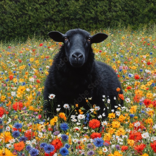 Black Sheep Sitting in a Field of Colorful Flowers During Sunny Weather in Sp...