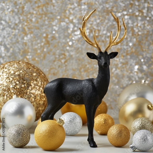 Black Deer Figure With Golden Antlers Surrounded by Ornaments in a Festive Se...