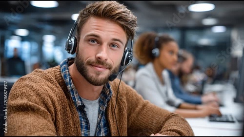 Customer Support Confidence, focused individual, adorned with a headset, exudes confidence within a vibrant, collaborative work environment. Reflecting dedication and competence.
