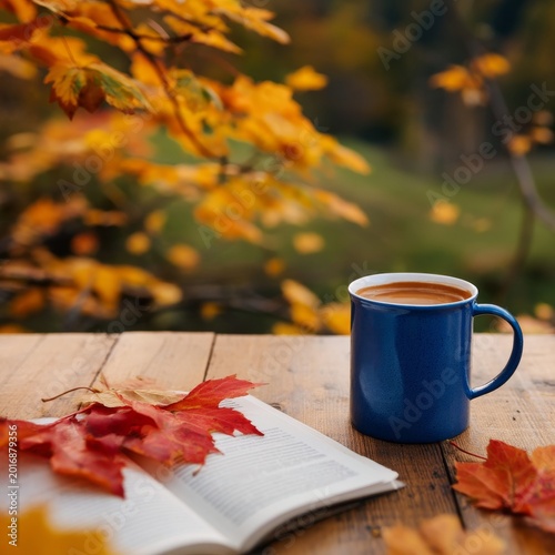 Warm Drink and Open Book on a Table With Colorful Autumn Leaves