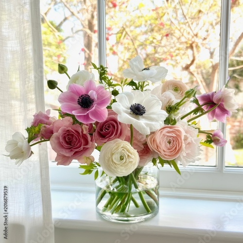 Bright Flowers in a Glass Vase on a Windowsill During Daylight Hours